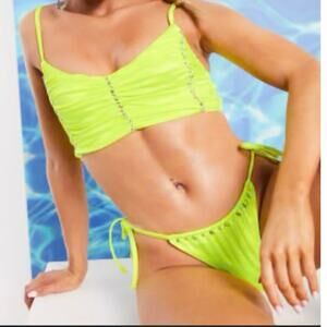 ASOS DESIGN diamante trim ruched bikini top in yellow